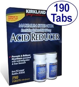 Kirkland Signature Maximum Strength Acid reducer  Ranitidine tablets USP  150MG  95 Tablets  2-Count  190 Total tablets.