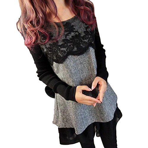 2014 秋冬 花柄 レース シック 大人 フレア チュニック ワンピース 異素材 MIX グレー M L XL XXL