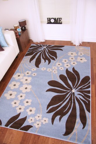 Tapis moderne Bleu sarcelle/clair, Marron chocolat Motif floral