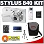 Olympus Stylus 840 8MP Digital Camera with Image Stabilized 5x Optical Zoom (Silver) + USB Card Reader + Spare Li-42B Battery for Olympus + Compact Padded Camera Case