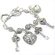 Silvertone Detailed Crystal Heart and Key Charm Fashion Bracelet