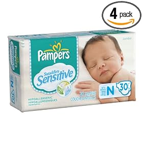 Pampers Swaddlers Sensitive Diapers Jumbo Pack,  Size N  up to 10 pounds, 30-Count Boxes (Pack of 4), 120 DiapersPampers Swaddlers Sensitive Diapers