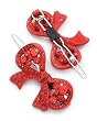 2 Red Crystal Metal Snap Ribbon Shaped Hair Barette Clips