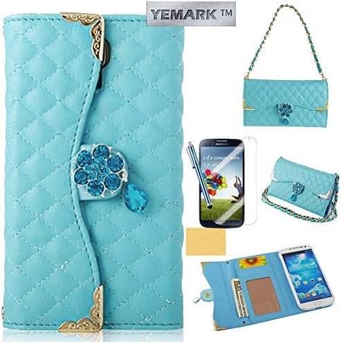 S4 Case, Galaxy S4 Case,YEMARK(TM) Luxury Diamond Pendant Quality PU Leather Handbag Wallet Purse Protective Case Cover with Carrying Chain For Samsung Galaxy S4 i9500[Built-in Credit Card/ID Card Slots/Photo Window],[+Stylus+Screen Protector+Cleaning Cloth]-(Blue), Samsung Galaxy S4 Case