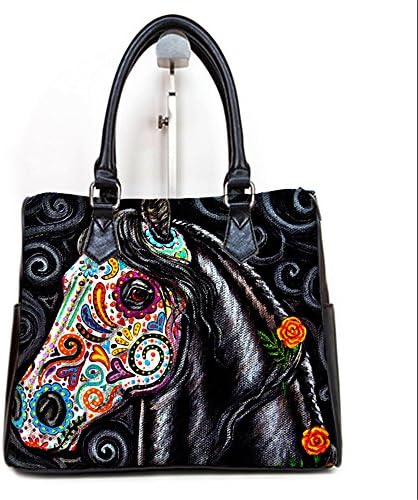 PU Leather Female Women Barrel Type Handbgas Top-Handle Bags With Day of the Dead Horse Art Print