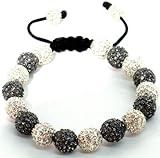 IMAGE OF Shamballa Bracelet 10mm Silver Pave and Gunmetal Black Diamond Crystal Pave Two 8mm Silver Plated Crystal Pave on Ends with Black Macrame Lock Adjustable Unisex Handmade