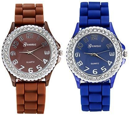 Buyterest's Watches 2 Pack Geneva Women's Fashion Crystal Jelly Silicone Quartz Watch （Blue+Brown)