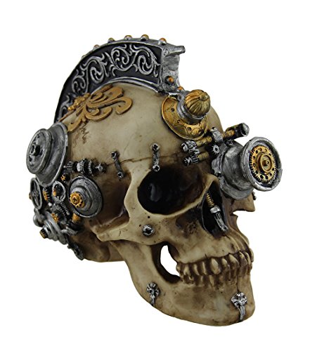 Retro-Futuristic Victorian Steampunk Skull in Metallic Mohawk Headdress