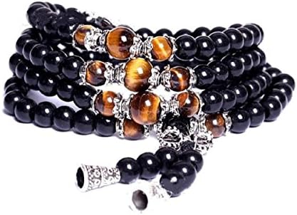DHnewsun Multilayer Tiger Eye Tibetan Buddhist Amulets Religious Link Bracelets Yoga Wrist Meditation Prayer Beads Wrap Bracelet Necklace with Gift Box (8mm, Black+Silver bells)
