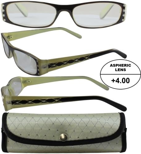 Women's High-Powered Reading Glasses: Beige and Black Frame with Case +4.00