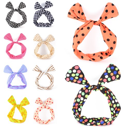 YESURPRISE 10pcs Hair Tie Polka Dot Stripe Ribbon Rockabilly Bunny Rabbit Ear Girls Hair Band Tie Twist Bow Wire Headband Scarf Wrap