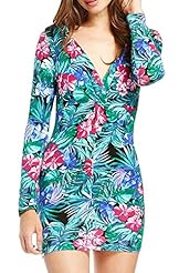 Sexy V-neck Pleated Sheath Floral Print Polyester Long Sleeves Bodycon Dress/Club Dress/Party Dress/Mini Dress 