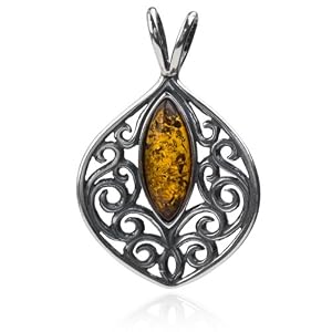 Sterling Silver Amber Marquise Shaped Stone Pendant