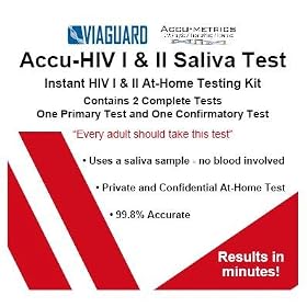 Viaguard Accu-HIV 1 & 2 Salivia Test. THE ADVANCED AND ONLY HIV-1/2 AT HOME SALIVA TEST THAT HAS A PRIMARY AND FOLLOW UP CONFIRMATORY TEST. This test allows you to qualitatively detect antibodies to Human Immunodeficiency Virus thpe 1 and 2 (HIV-1/2) in human salivia. No blood or needles are used in this test.