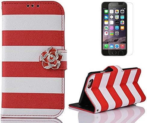 iphone 6 Plus Case (5.5"), Camellia Bling Striped Credit ID Card Slot Holder Wallet Flip Phone Case With Stand Wrist Strap --Retail Package W Screen Protector--Red