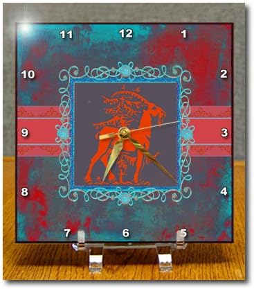 Beverly Turner Chinese New Year Design - Majestic Goat Next to Tree, Pewter Look Frame, Red, Aqua, Blue, Green - Desk Clocks - 6x6 Desk Clock - dc_186412_1