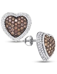 10K White Gold Round Brilliant Cut Chocolate Brown and White Diamond - Heart Shape Halo Channel Set Studs Earrings with Secure Screw Back Closure - (1.20 cttw.)