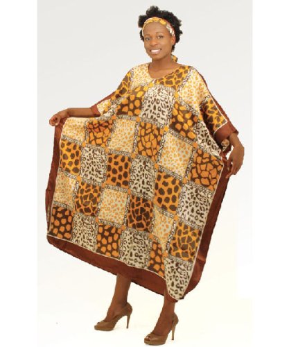 Satin Leopard Safari Patchwork Caftan Kaftan with Matching Headwrap