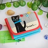 [Sweet Black Cat] Embroidered Applique Fabric Art Trifold Wallet Purse / Card Holder (4.7*3.5)