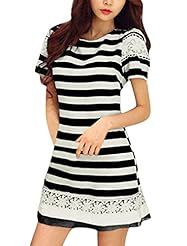Striped Print Short Sleeves Cotton/Polyester Above the Knee Short Round Neck  Dress