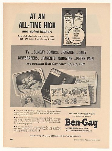 1953 Ben-Gay Sales High Peter Pain Comic Trade Print Ad