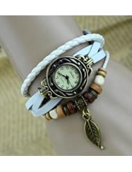 KANO BAK Leaf Charm White Color Women Ladies Weave Leather Belt Bracelet Watch