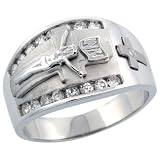 Sterling Silver Men's Jesus Christ on Crucifix Ring w/ Brilliant Cut CZ Stones, 9/16 in. (14mm) wide, size 8