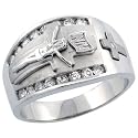 Sterling Silver Men's Jesus Christ on Crucifix Ring w/ Brilliant Cut CZ Stones, 9/16 in. (14mm) wide