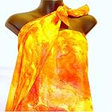 ArtisanStreet's Hand Painted China Silk Sarong with Hand Rolled Hem. Features Bright Colors of Coral Pink, Peach, Orange & Lemon Yellow. One of a Kind. Signed By Artisan.
