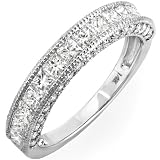 14k White Gold Princess & Round Diamond Ladies Anniversary Wedding Matching Band Ring Stackable (1.65 cttw, F-G-H Color, SI-I Clarity)