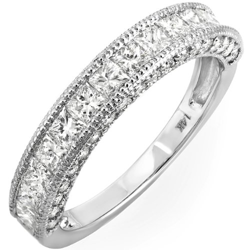 14k White Gold Princess & Round Diamond Ladies Anniversary Wedding Matching Band Ring Stackable(1.65 cttw, H-I Color, I1-I2 Clarity)