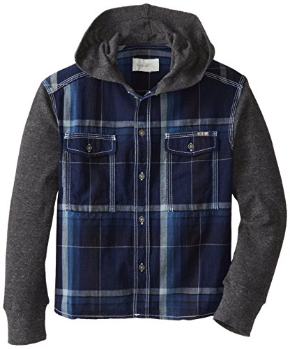 Diesel Little Boys' Ciapuk Check Yarn Dyed Indigo Plaid Shirt with Hood and Sleeves