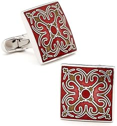 Sterling Silver Red Enamel Tracery Cufflinks