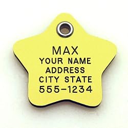 Pet ID Tag - Star - Custom engraved cat and dog ID tags. Pet safety tag has reflective coating and is available in plastic, stainless steel and brass.