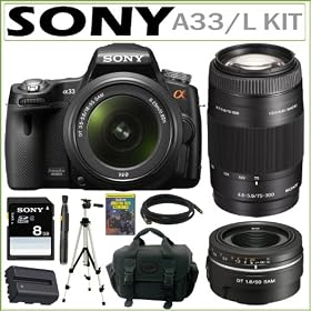 Sony Alpha SLT-A33/L DSLR with Translucent Mirror Technology and 3D Sweep Panorama and 18-55mm F3.5-5.6 Lens with Sony SAL75300 Zoom Lens and SAL50F18 50mm Lens + 8GB Accessory Kit