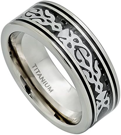 Pipe-cut High Polished Titanium Ring with Stainless Steel Fancy Tribal Design over Black Carbon Fiber - 8mm - 8TM499s8.5