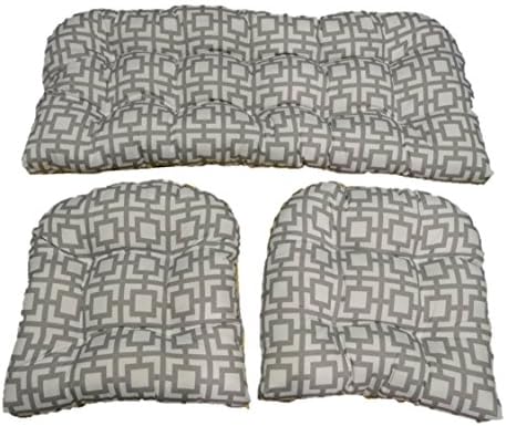 3 Piece Wicker Cushion Set - Gray / Grey and White Geometric Square Pattern Indoor / Outdoor Fabric Cushion for Wicker Loveseat Settee &amp; 2 Matching Chair Cushions
