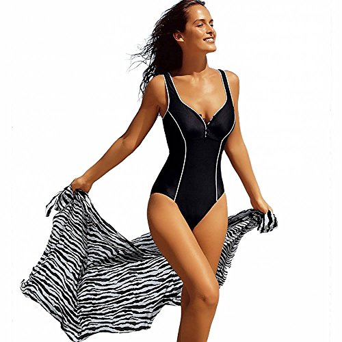 La Isla Women's One Piece Built-in Cup Deep V Button Swimwear Swimsuit Beachwear
