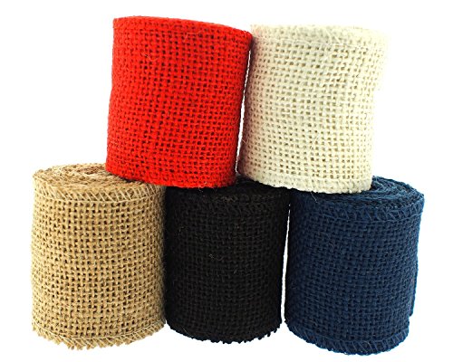 Colored Burlap Ribbon Rolls for Craft, 2 Yards Per Roll, Natural, Black, White, Red and Navy