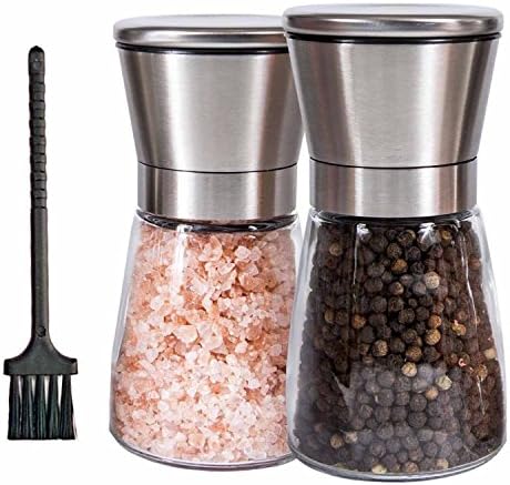 Uberosy Salt and Pepper Grinder Set Spice Mill Set Seasonings Shaker Set with Adjustable Coarseness Carbon Steel Rotor and Brushed 304 Stainless Steel Lid and Glass Body Better than Ceramic Grinder