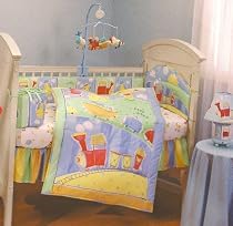 Dolly Toot Toot 4 Piece Crib Bedding Set Blues, Reds, Greens, Yellows