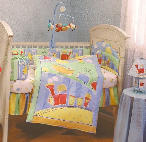 Dolly Toot Toot 4 Piece Crib Bedding Set Blues - Reds - Greens - Yellows