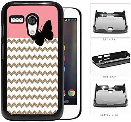 Gold and White Chevron Pattern with Pink Top and Black Butterfly Motorola (Moto G) Hard Snap on Plastic Cell Phone Case Cover