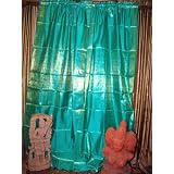 2 Seagreen Gold Brocade Silk Sari Curtains Window Treatment India Decor 96