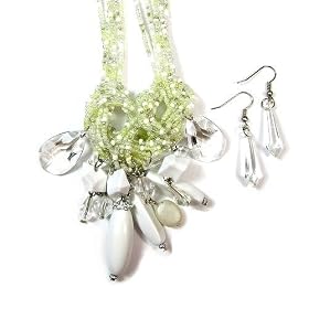 Acrylic Seed Bead Clear & White Necklace w/ Tied Charm, Including Matching Earrings