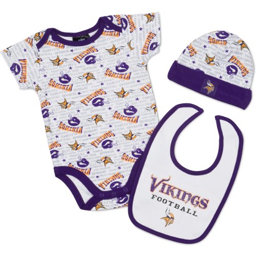 NFL Infant/Toddler Boys' Minnesota Vikings Bodysuit, Bib & Cap Set (Team Color, 0-3M)
