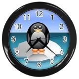 Black Wall Clock depicts Cute Penguin for Kids Bedroom