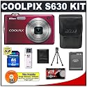 Nikon Coolpix S630 12 Megapixel Digital Camera (Ruby Red) with 7x Optical Zoom + EN-EL12 Battery + 4GB Card + Leather Case + Accessory Kit