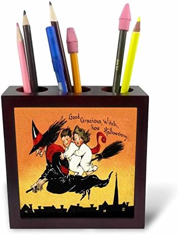 Sandy Mertens Vintage Halloween Designs - Witch Giving Children a Ride on Her Broom - 5 inch tile pen holder (ph_53757_1)