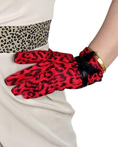 Aiterni Women's Leopard Printed Fleece Bowknot Winter Leather Gloves